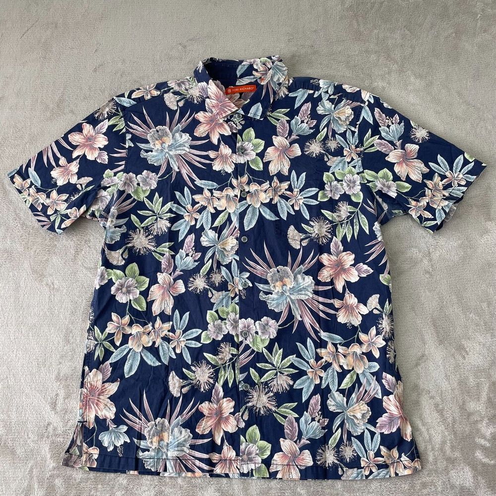 Tori Richard Shirt Men Large Blue Floral Hawaiian Short Sleeve Hibiscus Aloha